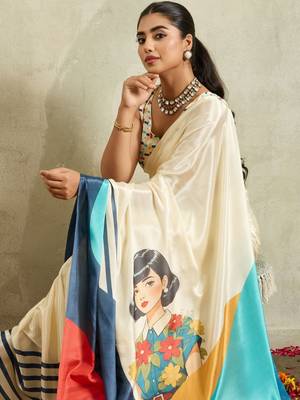 Off white printed satin fashion saree with blouse piece 5