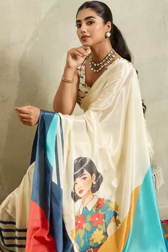 Off white printed satin fashion saree with blouse piece