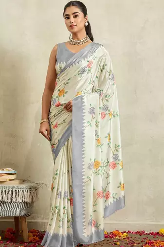 Off white printed satin fashion saree with blouse piece