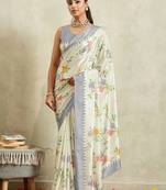 Off white printed satin fashion saree with blouse piece