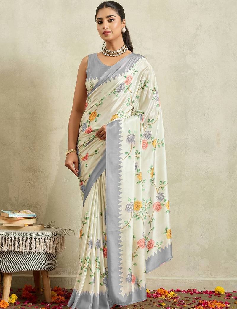 Off white printed satin fashion saree with blouse piece