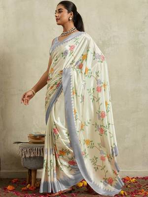 Off white printed satin fashion saree with blouse piece 2