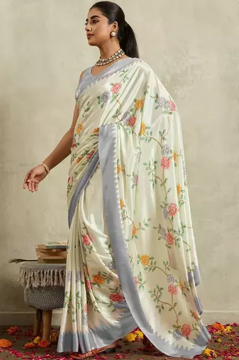 Off white printed satin fashion saree with blouse piece