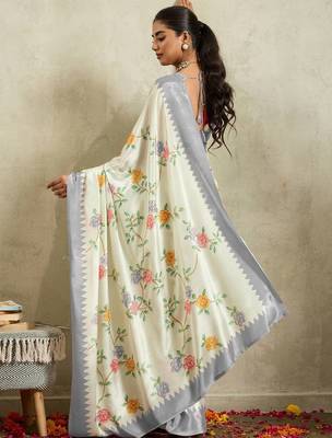 Off white printed satin fashion saree with blouse piece 3