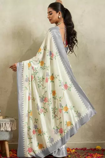 Off white printed satin fashion saree with blouse piece
