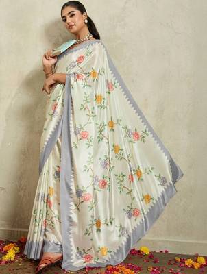 Off white printed satin fashion saree with blouse piece 4