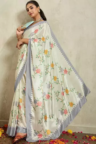 Off white printed satin fashion saree with blouse piece