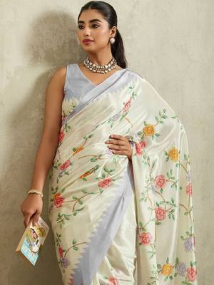 Off white printed satin fashion saree with blouse piece 5