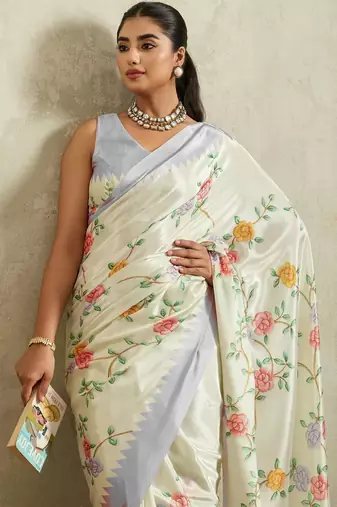 Off white printed satin fashion saree with blouse piece