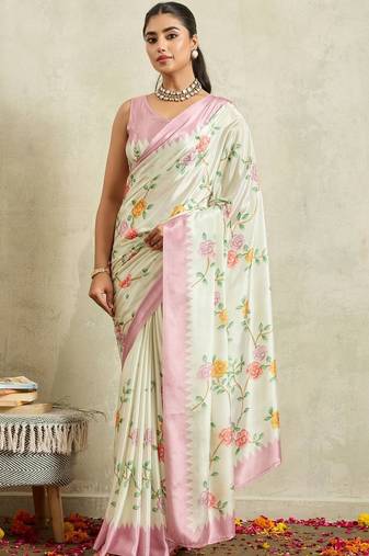 Off white printed satin fashion saree with blouse piece