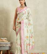 Off white printed satin fashion saree with blouse piece