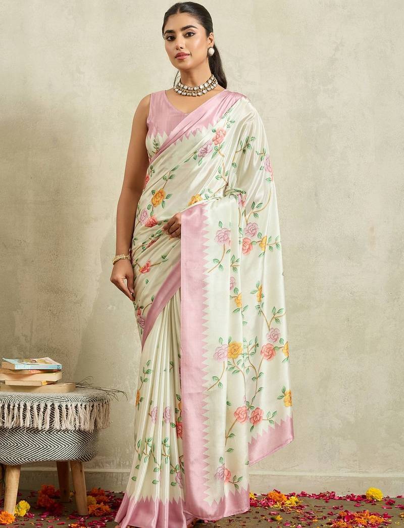 Off white printed satin fashion saree with blouse piece