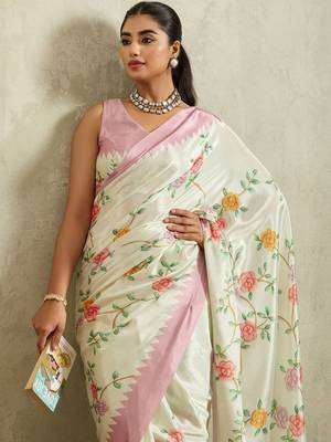 Off white printed satin fashion saree with blouse piece 2