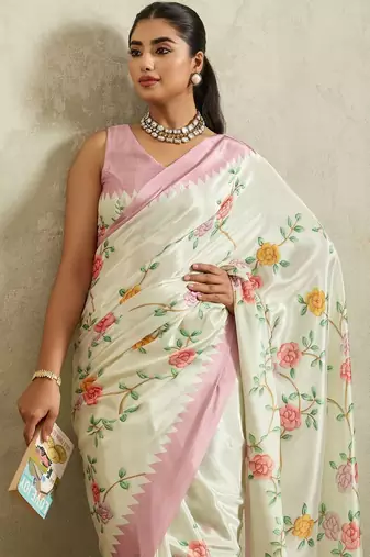 Off white printed satin fashion saree with blouse piece