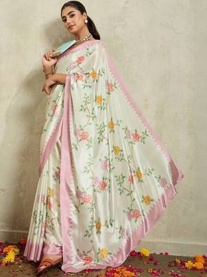Off white printed satin fashion saree with blouse piece 3