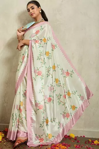Off white printed satin fashion saree with blouse piece