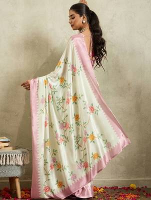 Off white printed satin fashion saree with blouse piece 4