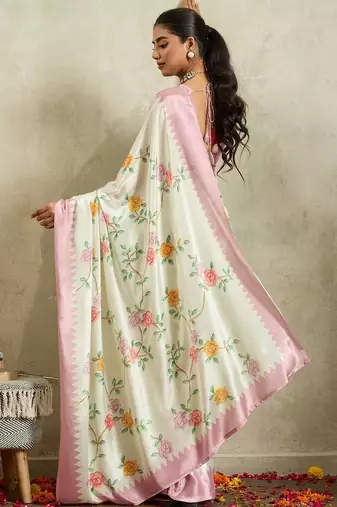 Off white printed satin fashion saree with blouse piece