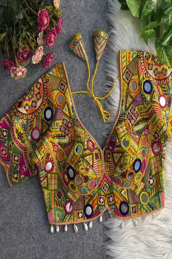 Women's mustard yellow mirror work navratri blouse | heavy gamthi embroidery italian silk choli