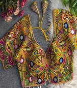 Women's mustard yellow mirror work navratri blouse | heavy gamthi embroidery italian silk choli