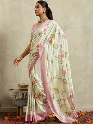 Off white printed satin fashion saree with blouse piece 5