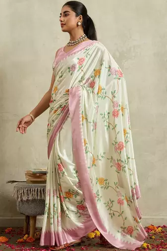 Off white printed satin fashion saree with blouse piece