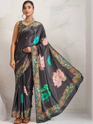 Grey printed satin fashion saree with blouse piece 1