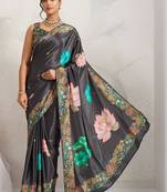 Grey printed satin fashion saree with blouse piece