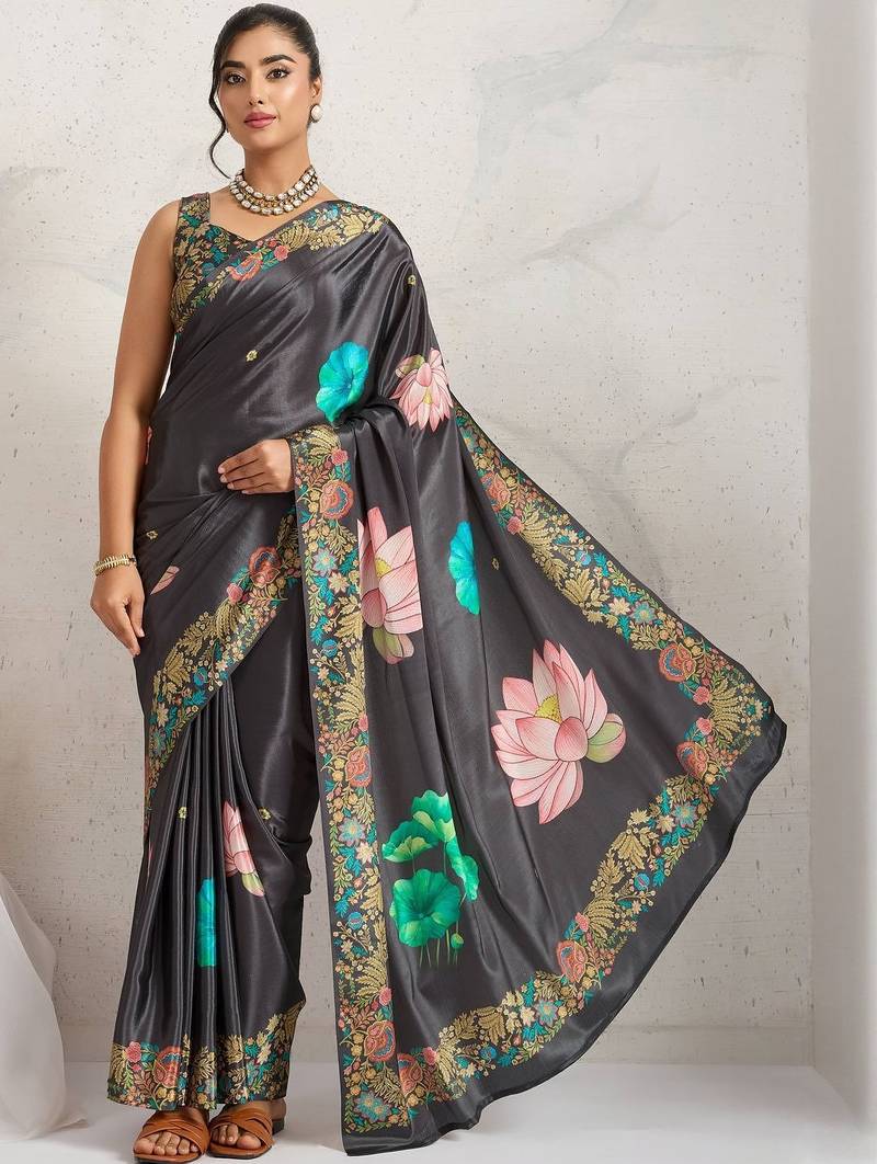 Grey printed satin fashion saree with blouse piece