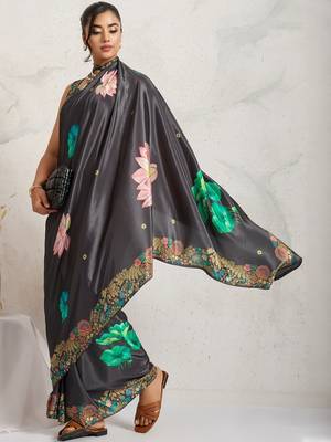Grey printed satin fashion saree with blouse piece 3