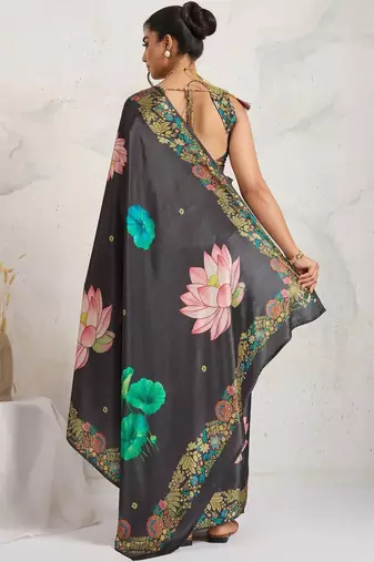Grey printed satin fashion saree with blouse piece