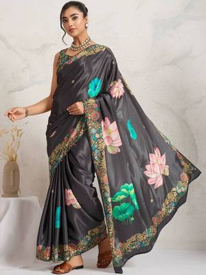 Grey printed satin fashion saree with blouse piece 5