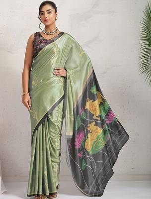 Sea green printed satin fashion saree with blouse piece 1