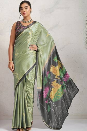 Sea green printed satin fashion saree with blouse piece