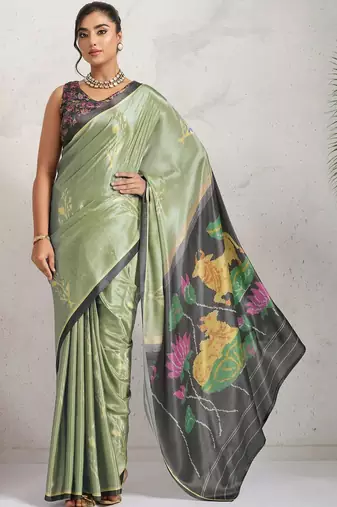 Sea green printed satin fashion saree with blouse piece