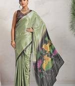 Sea green printed satin fashion saree with blouse piece