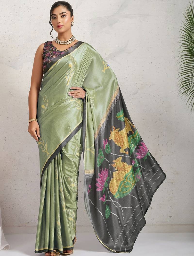 Sea green printed satin fashion saree with blouse piece