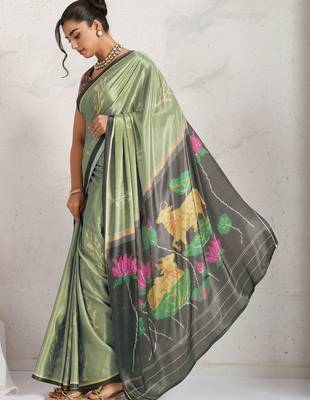 Sea green printed satin fashion saree with blouse piece 2