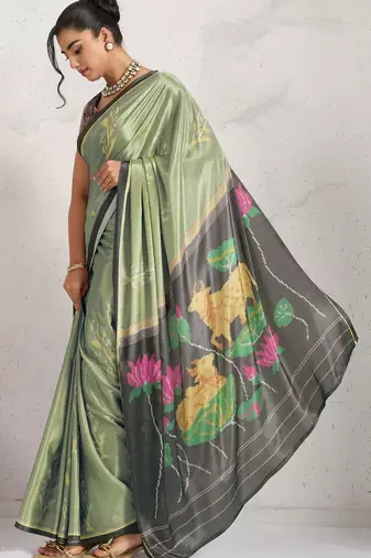 Sea green printed satin fashion saree with blouse piece