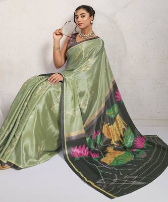 Sea green printed satin fashion saree with blouse piece 3