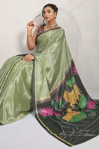 Sea green printed satin fashion saree with blouse piece