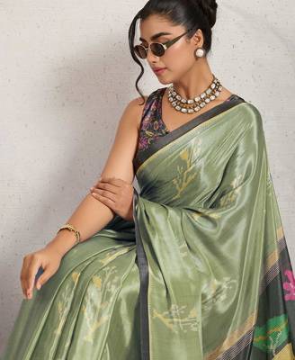 Sea green printed satin fashion saree with blouse piece 4