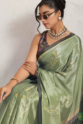 Sea green printed satin fashion saree with blouse piece