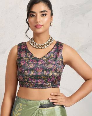 Sea green printed satin fashion saree with blouse piece 5