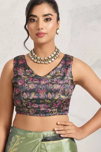Sea green printed satin fashion saree with blouse piece