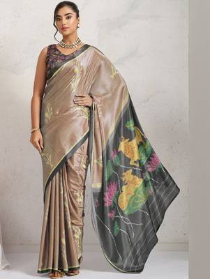 Brown printed satin fashion saree with blouse piece 1