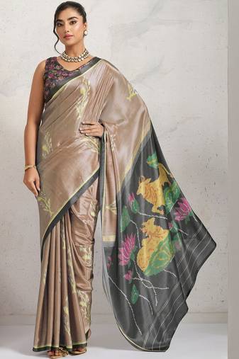 Brown printed satin fashion saree with blouse piece