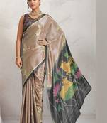 Brown printed satin fashion saree with blouse piece