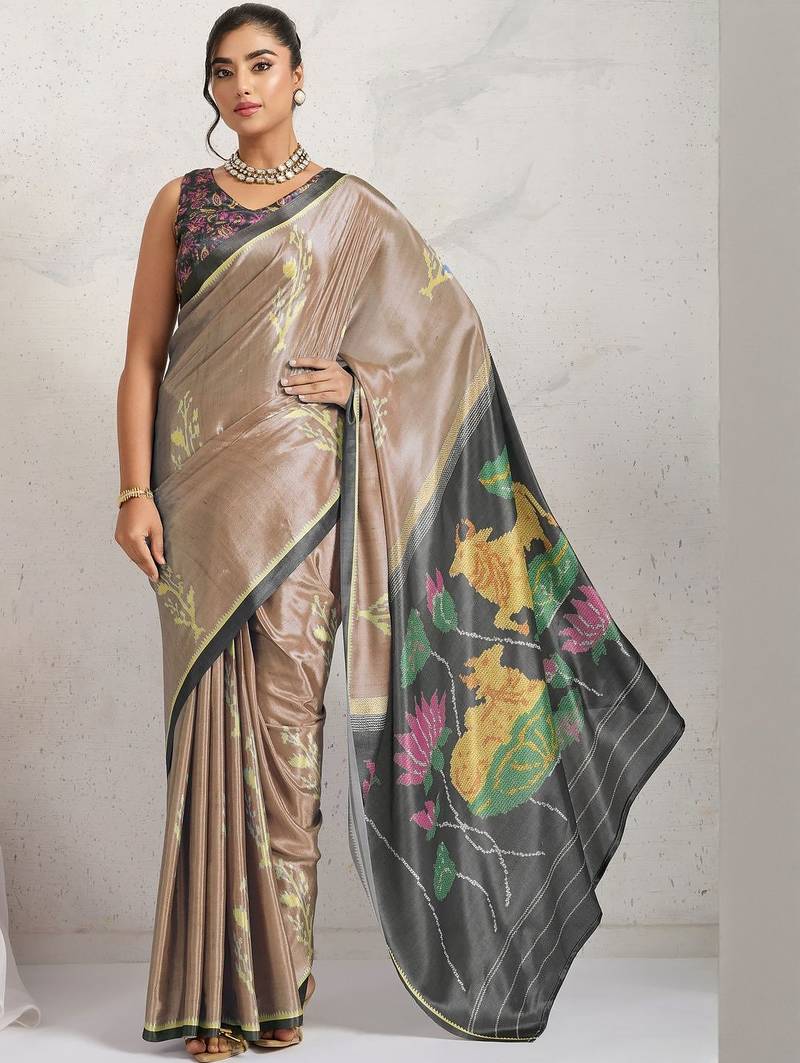 Brown printed satin fashion saree with blouse piece