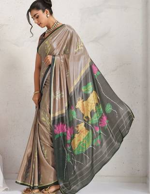 Brown printed satin fashion saree with blouse piece 2